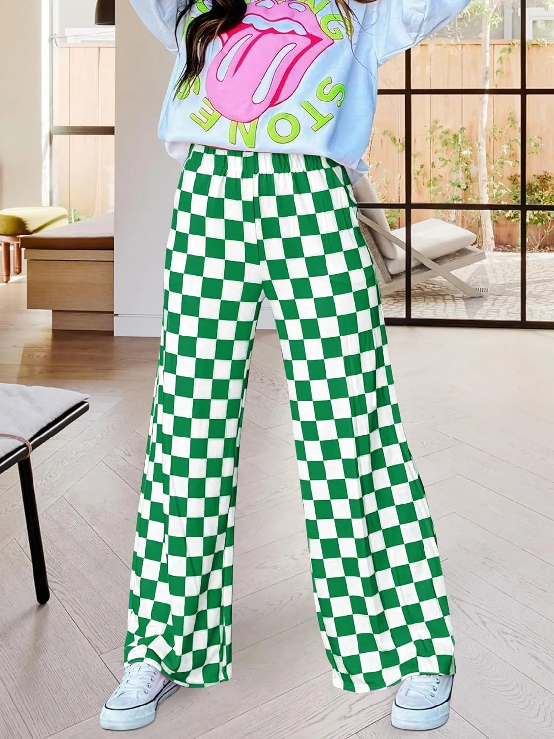 Womens Checkered Pants Y2K Pajama Pants Elastic Waist Wide Leg Lounge Pants Comfy Pj Bottoms with Pockets Loungewear
