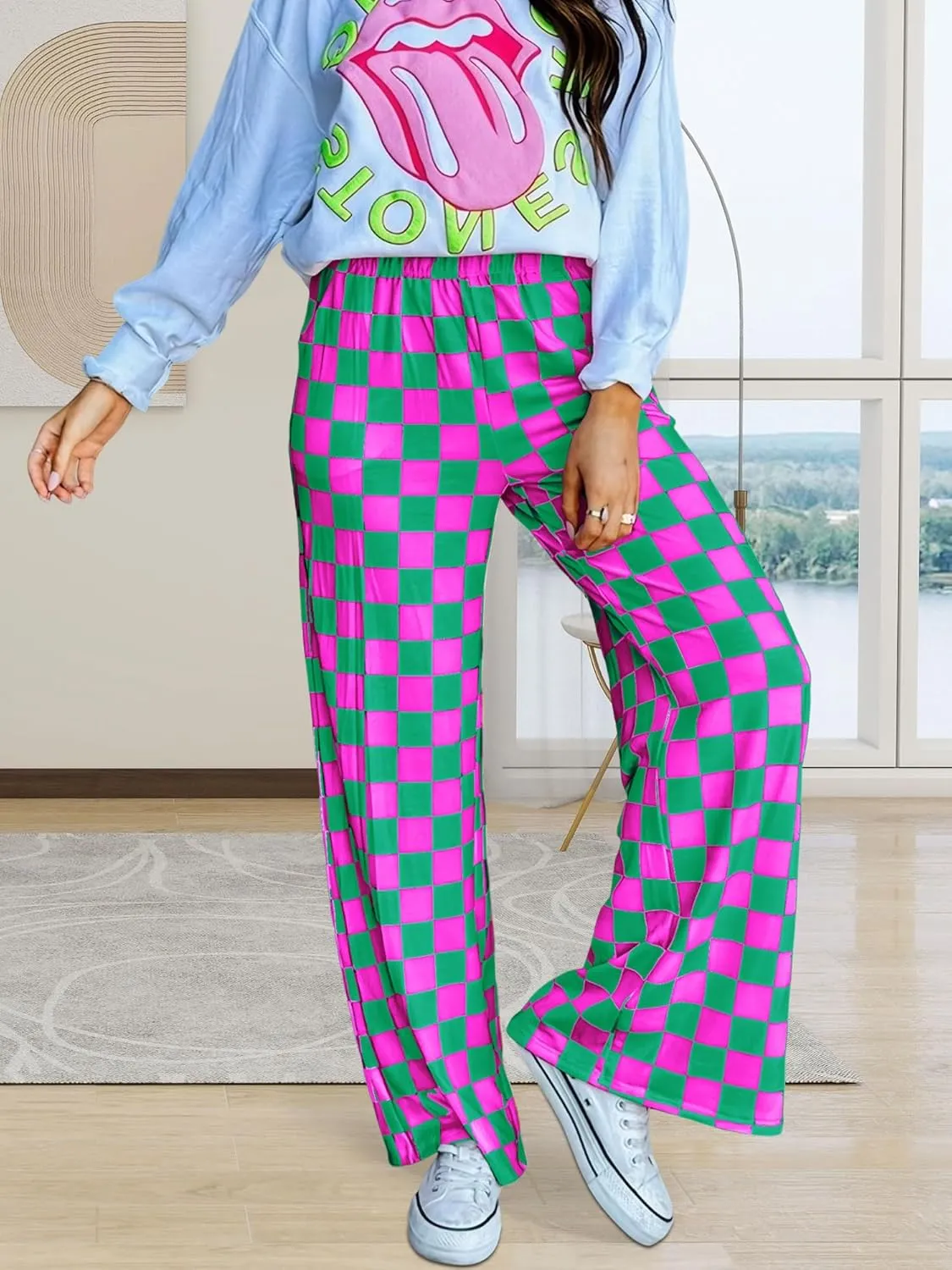 Womens Checkered Pants Y2K Pajama Pants Elastic Waist Wide Leg Lounge Pants Comfy Pj Bottoms with Pockets Loungewear