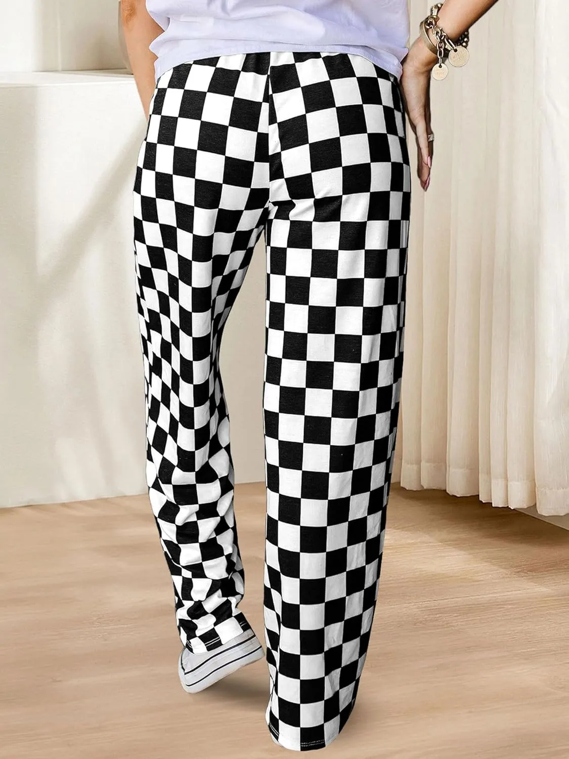 Womens Checkered Pants Y2K Pajama Pants Elastic Waist Wide Leg Lounge Pants Comfy Pj Bottoms with Pockets Loungewear