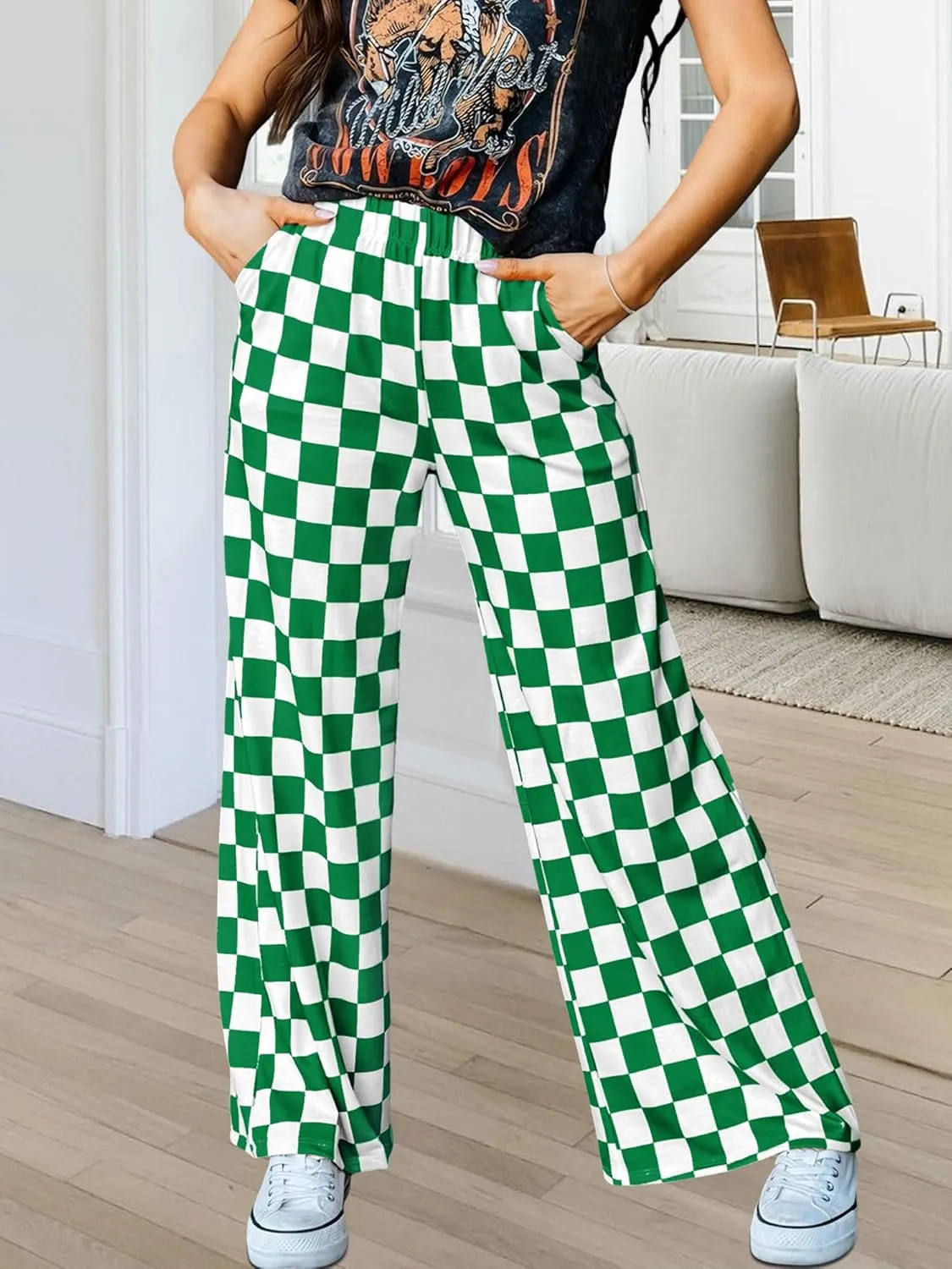 Womens Checkered Pants Y2K Pajama Pants Elastic Waist Wide Leg Lounge Pants Comfy Pj Bottoms with Pockets Loungewear