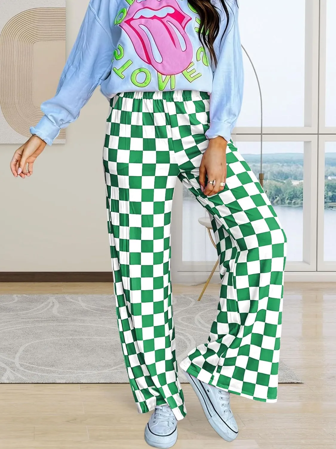 Womens Checkered Pants Y2K Pajama Pants Elastic Waist Wide Leg Lounge Pants Comfy Pj Bottoms with Pockets Loungewear