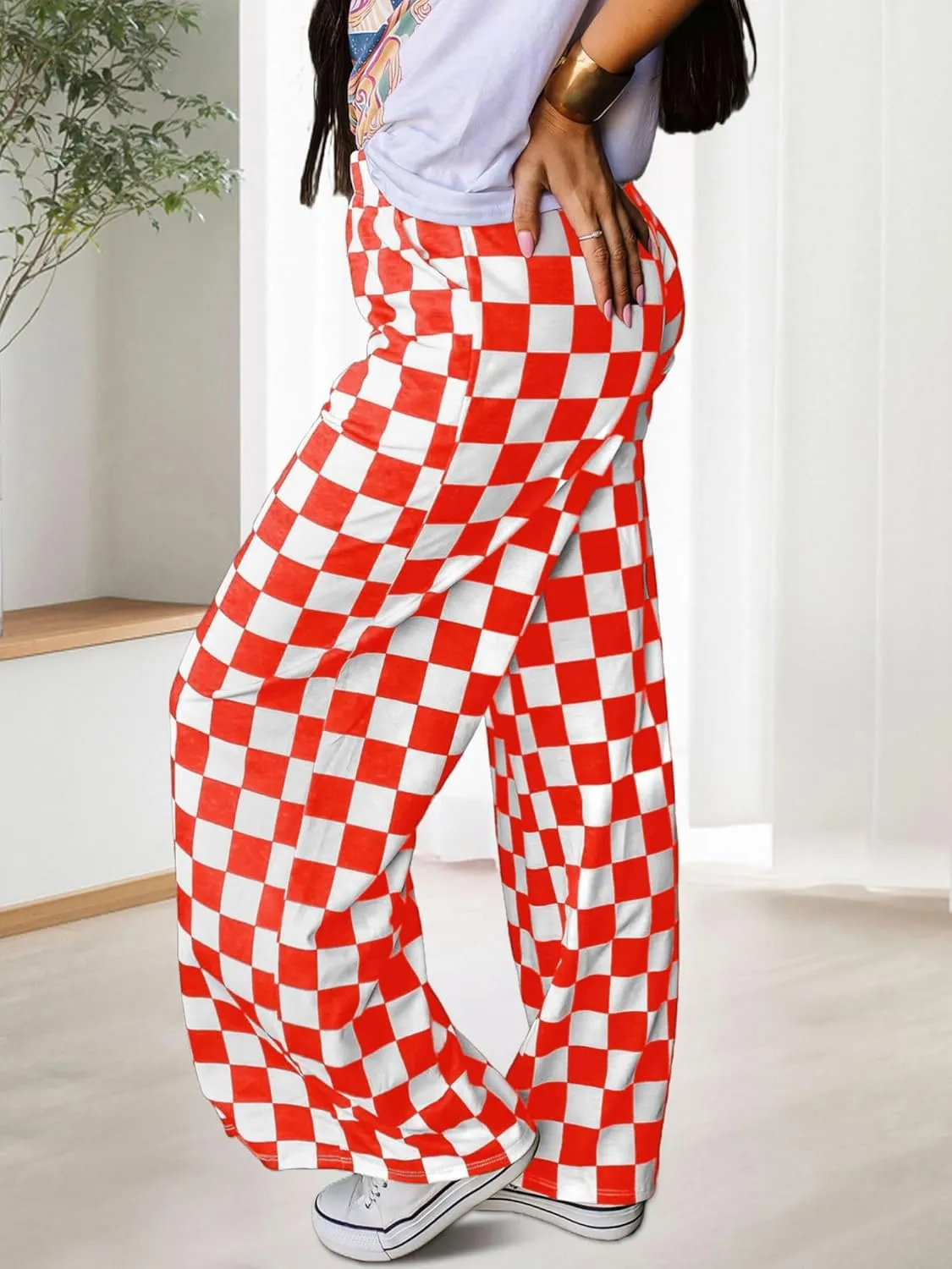 Womens Checkered Pants Y2K Pajama Pants Elastic Waist Wide Leg Lounge Pants Comfy Pj Bottoms with Pockets Loungewear
