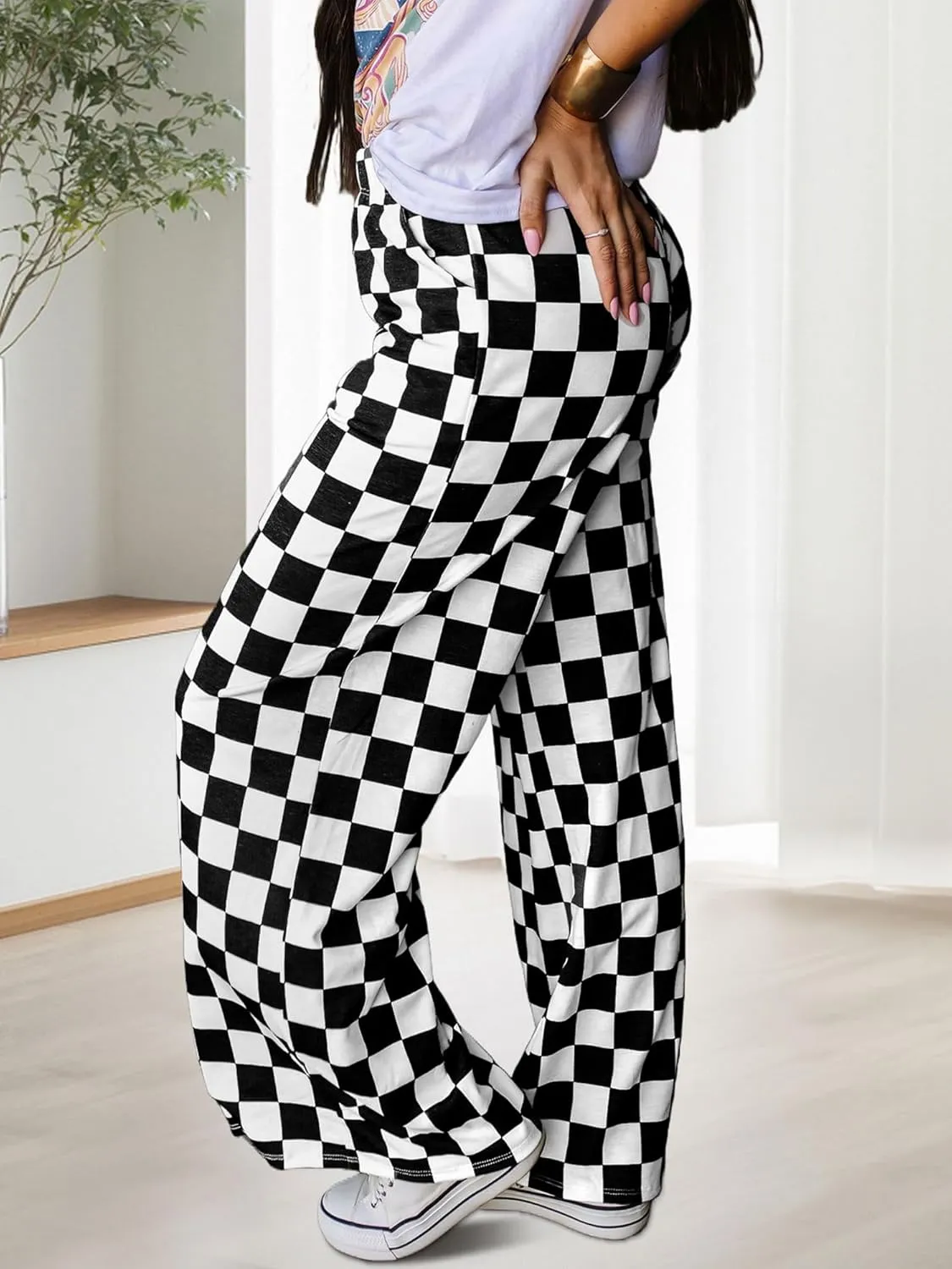 Womens Checkered Pants Y2K Pajama Pants Elastic Waist Wide Leg Lounge Pants Comfy Pj Bottoms with Pockets Loungewear