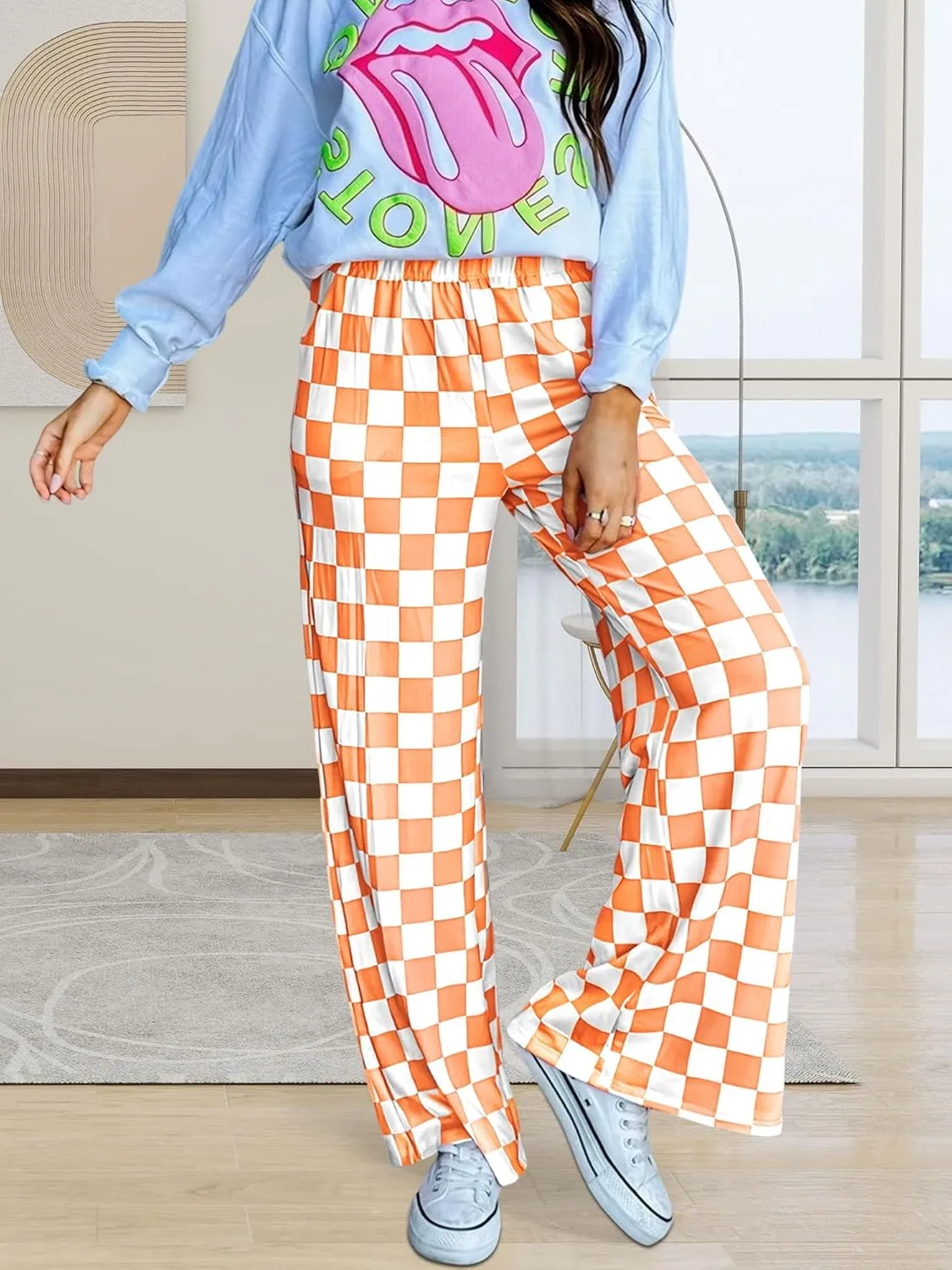 Womens Checkered Pants Y2K Pajama Pants Elastic Waist Wide Leg Lounge Pants Comfy Pj Bottoms with Pockets Loungewear