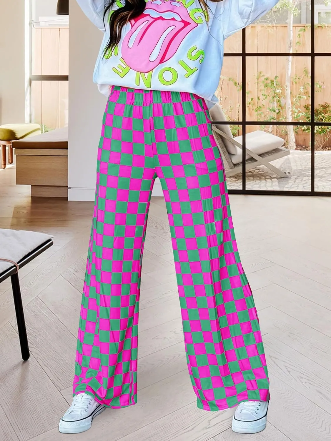 Womens Checkered Pants Y2K Pajama Pants Elastic Waist Wide Leg Lounge Pants Comfy Pj Bottoms with Pockets Loungewear