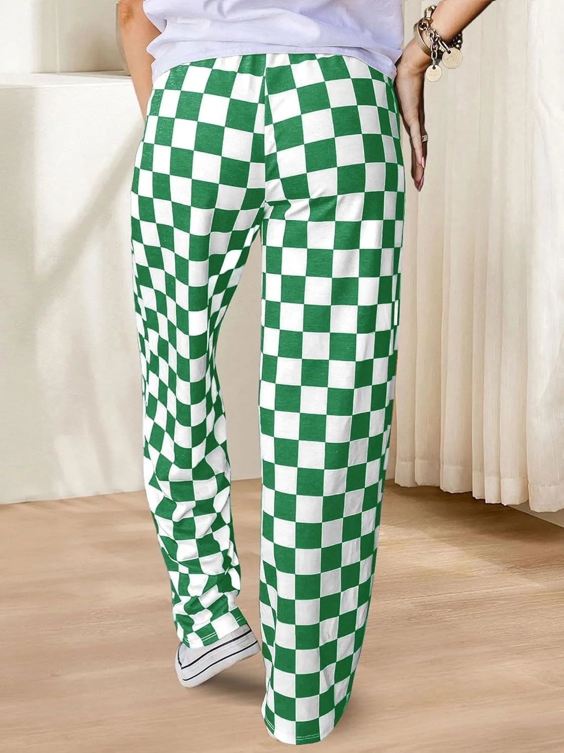 Womens Checkered Pants Y2K Pajama Pants Elastic Waist Wide Leg Lounge Pants Comfy Pj Bottoms with Pockets Loungewear