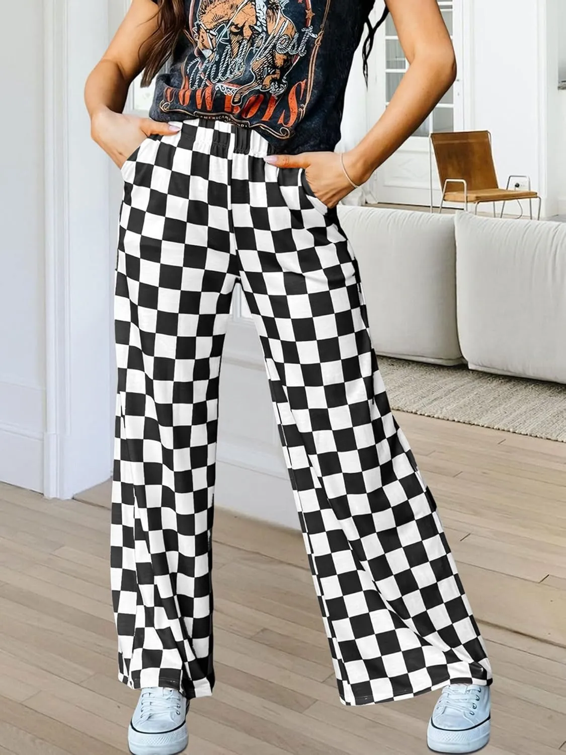 Womens Checkered Pants Y2K Pajama Pants Elastic Waist Wide Leg Lounge Pants Comfy Pj Bottoms with Pockets Loungewear