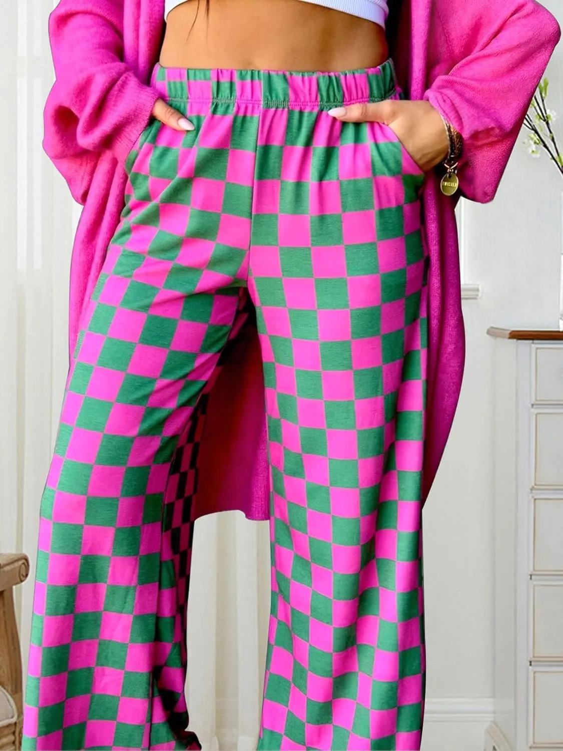 Womens Checkered Pants Y2K Pajama Pants Elastic Waist Wide Leg Lounge Pants Comfy Pj Bottoms with Pockets Loungewear