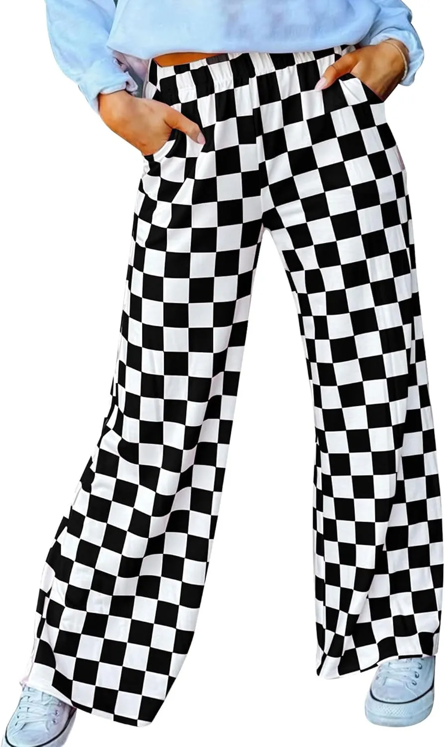 Womens Checkered Pants Y2K Pajama Pants Elastic Waist Wide Leg Lounge Pants Comfy Pj Bottoms with Pockets Loungewear
