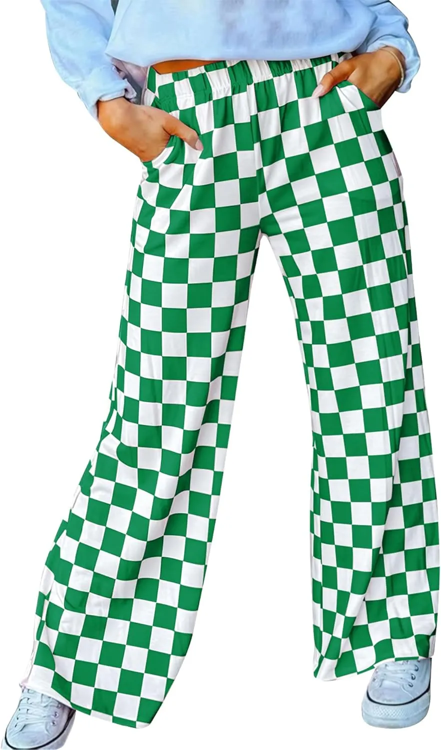 Womens Checkered Pants Y2K Pajama Pants Elastic Waist Wide Leg Lounge Pants Comfy Pj Bottoms with Pockets Loungewear