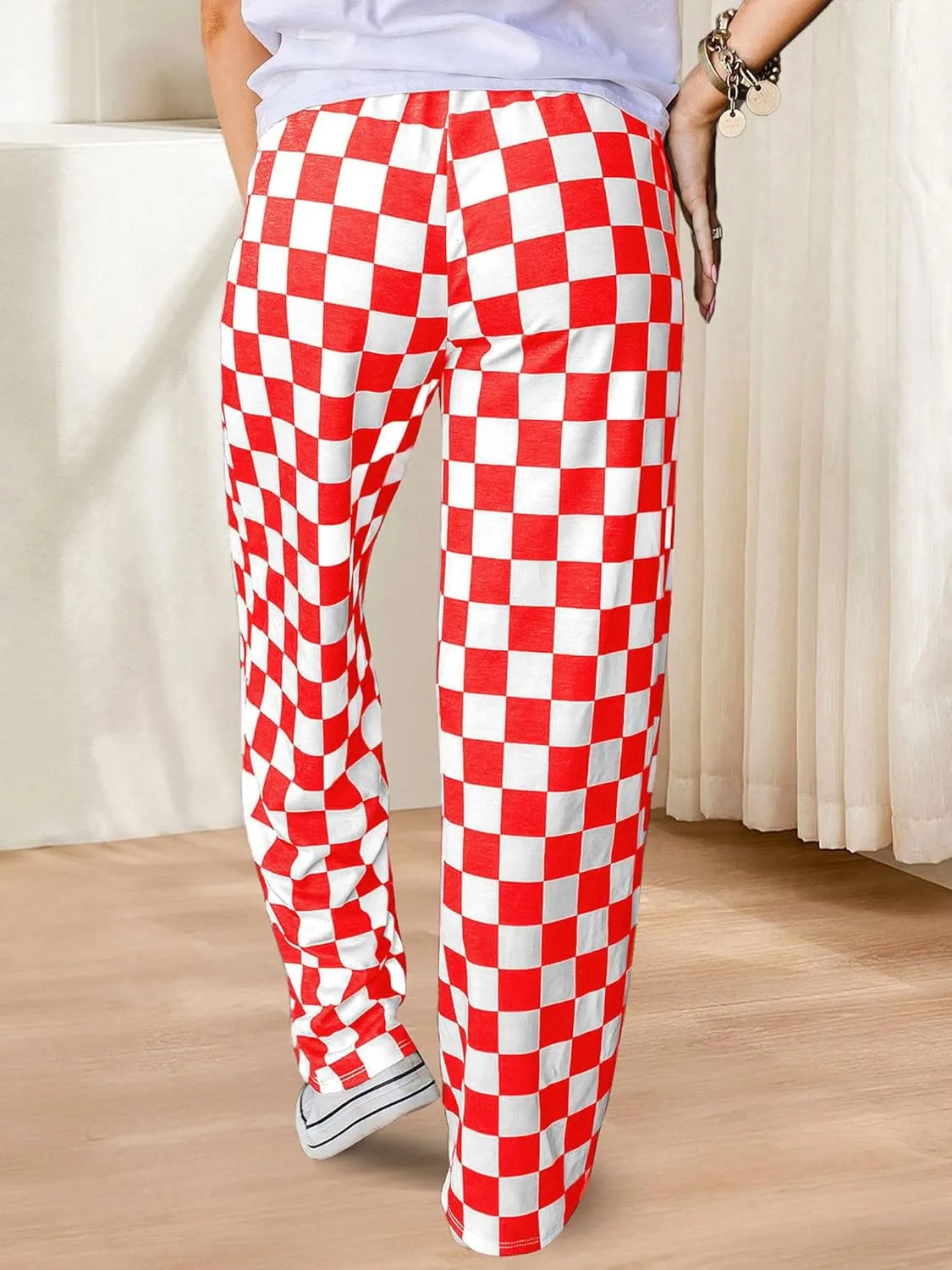 Womens Checkered Pants Y2K Pajama Pants Elastic Waist Wide Leg Lounge Pants Comfy Pj Bottoms with Pockets Loungewear