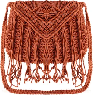 Womens Cotton Crochet Fringe Crossbody Shoulder Bag Bohemian Summer Beach Purse Handwoven Straw Bag (Reddish Orange)