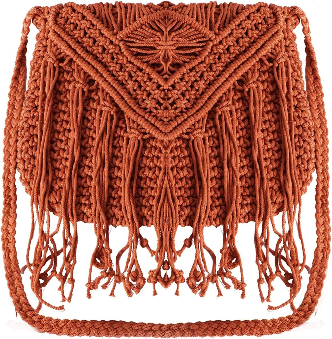 Womens Cotton Crochet Fringe Crossbody Shoulder Bag Bohemian Summer Beach Purse Handwoven Straw Bag (Reddish Orange)