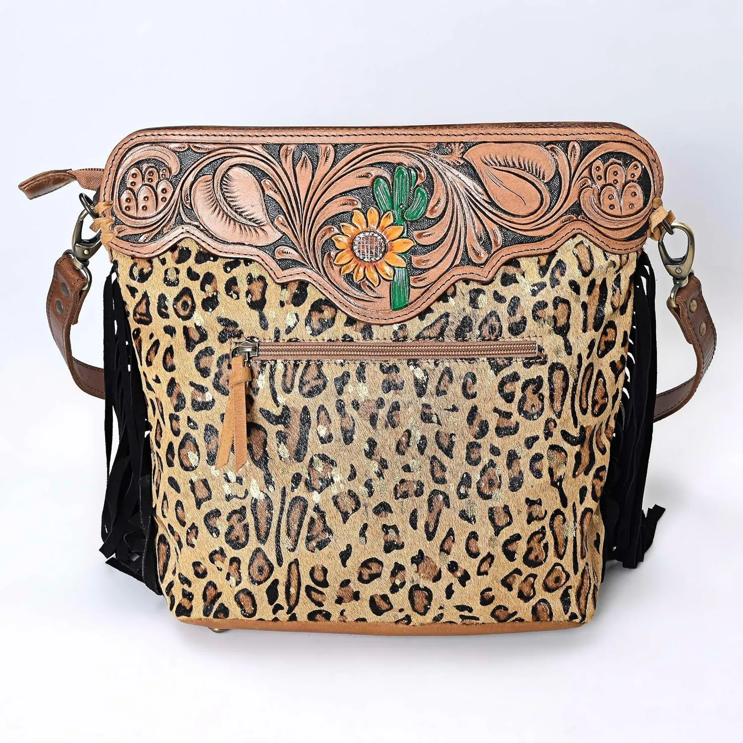 Women’s Cowhide Hairon Leather Crossbody Shoulder Bag with Strap Messenger Style Western Fringe Leather Sling Bag