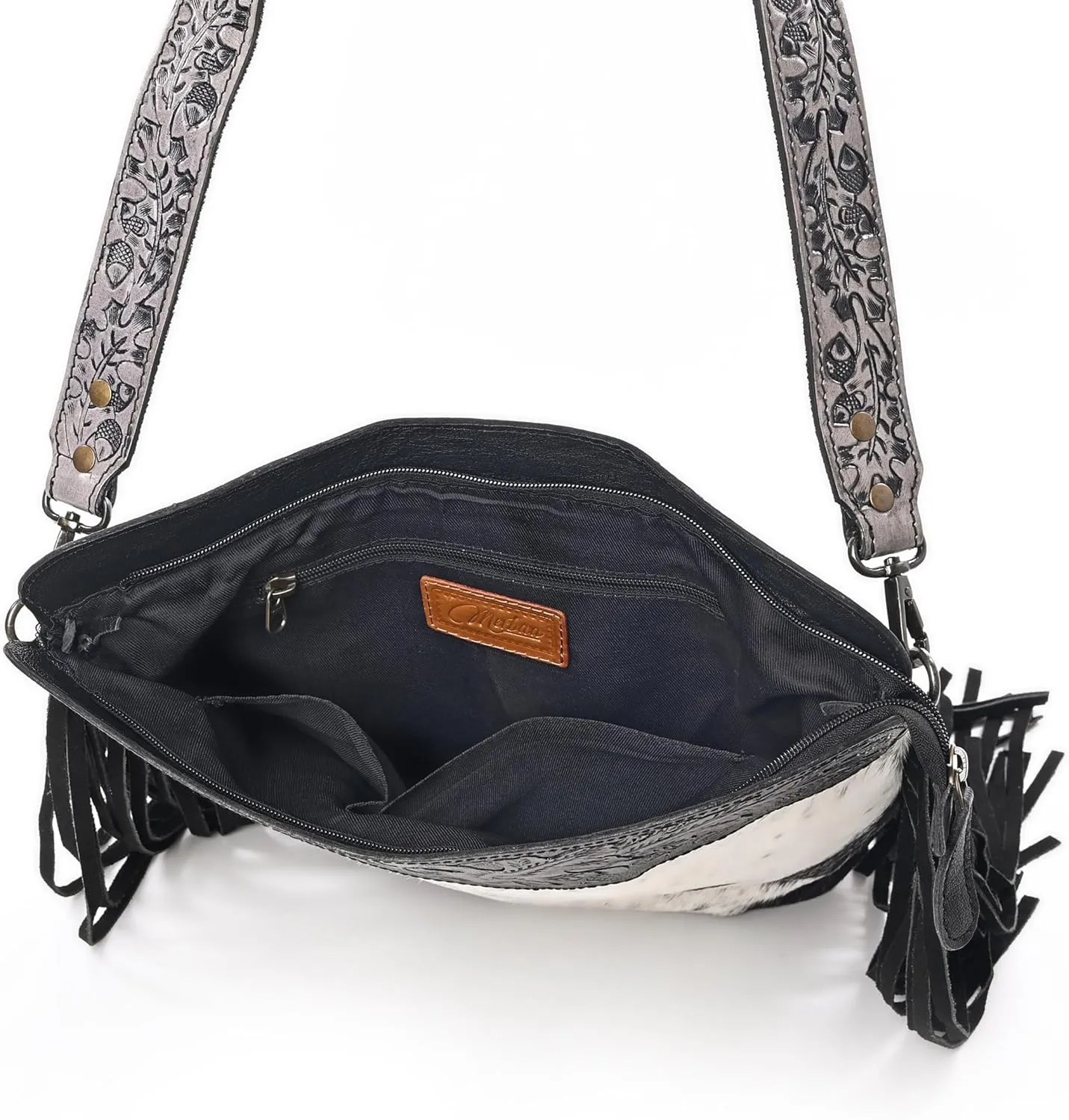 Women’s Cowhide Hairon Leather Crossbody Shoulder Bag with Strap Messenger Style Western Fringe Leather Sling Bag
