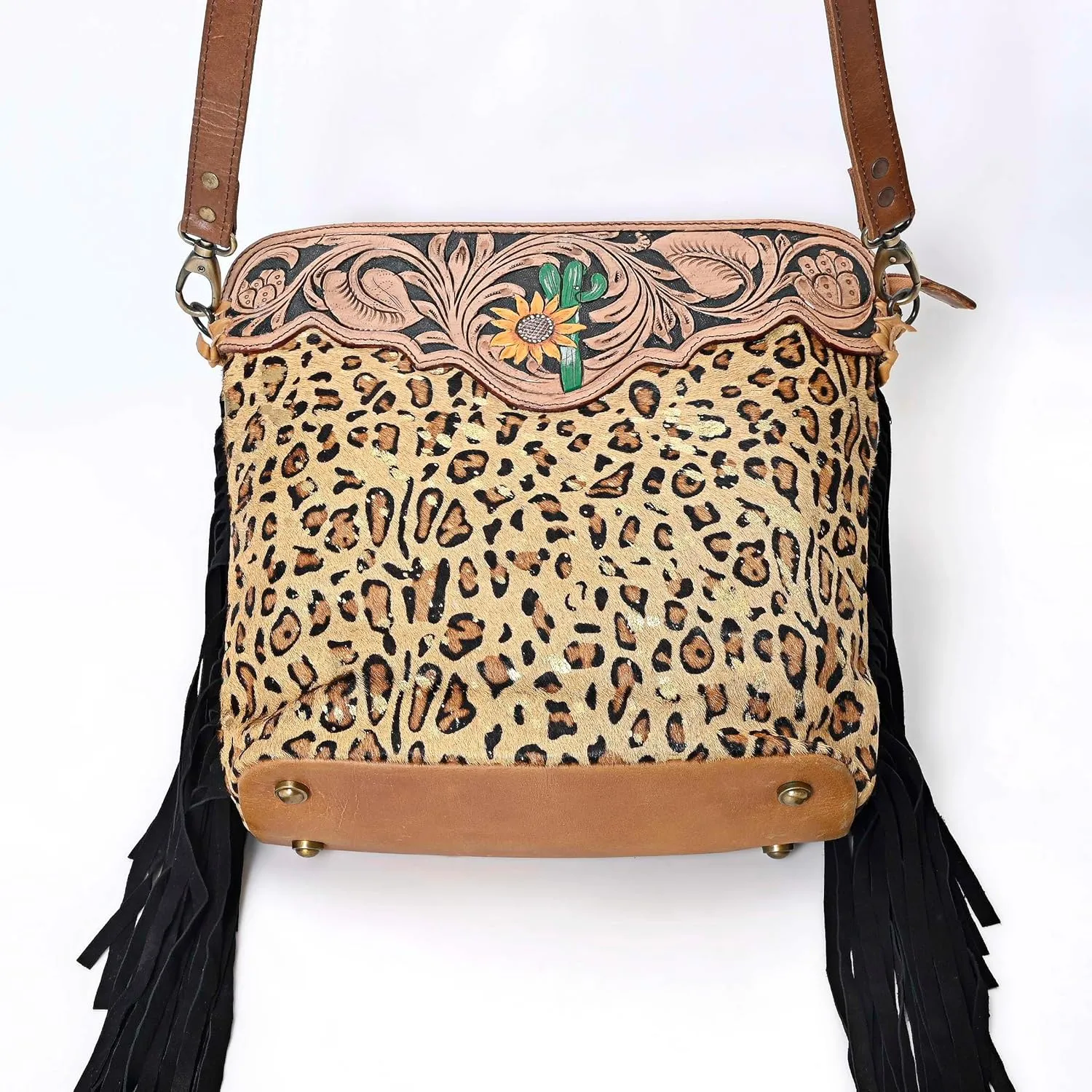 Women’s Cowhide Hairon Leather Crossbody Shoulder Bag with Strap Messenger Style Western Fringe Leather Sling Bag