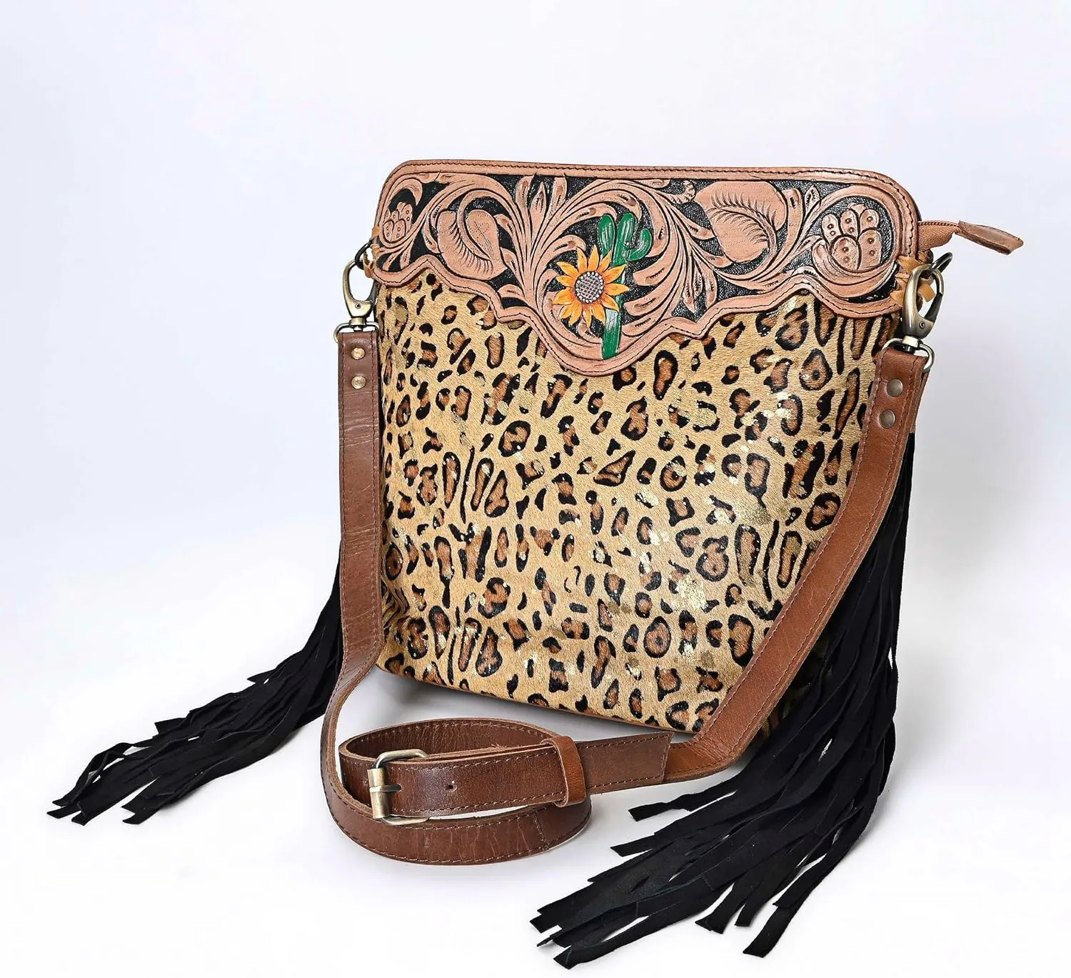 Women’s Cowhide Hairon Leather Crossbody Shoulder Bag with Strap Messenger Style Western Fringe Leather Sling Bag