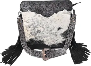 Women’s Cowhide Hairon Leather Crossbody Shoulder Bag with Strap Messenger Style Western Fringe Leather Sling Bag