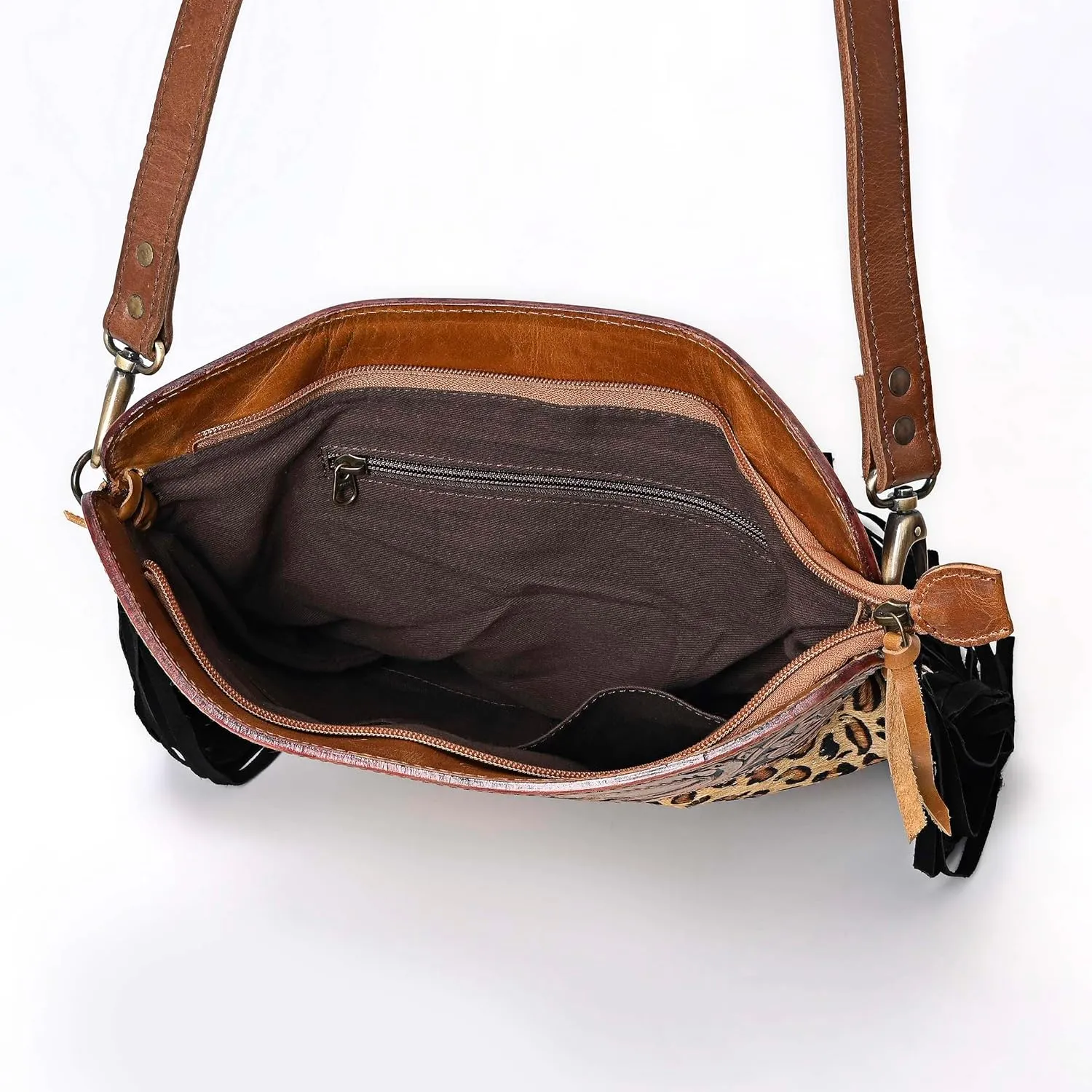 Women’s Cowhide Hairon Leather Crossbody Shoulder Bag with Strap Messenger Style Western Fringe Leather Sling Bag