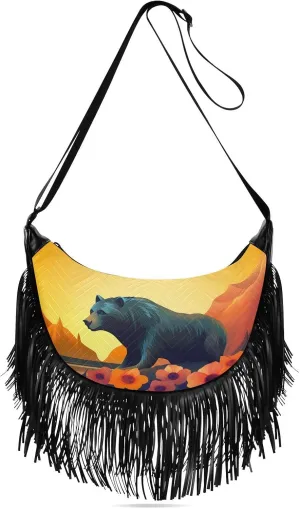 Women's Crossbody Handbags Grizzly Animal with Flowers Fringe Tassel Cross Body Bag Shoulder Handbag