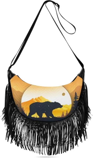 Women's Crossbody Handbags Grizzly Animal with Tree Fringe Tassel Cross Body Bag Shoulder Handbag