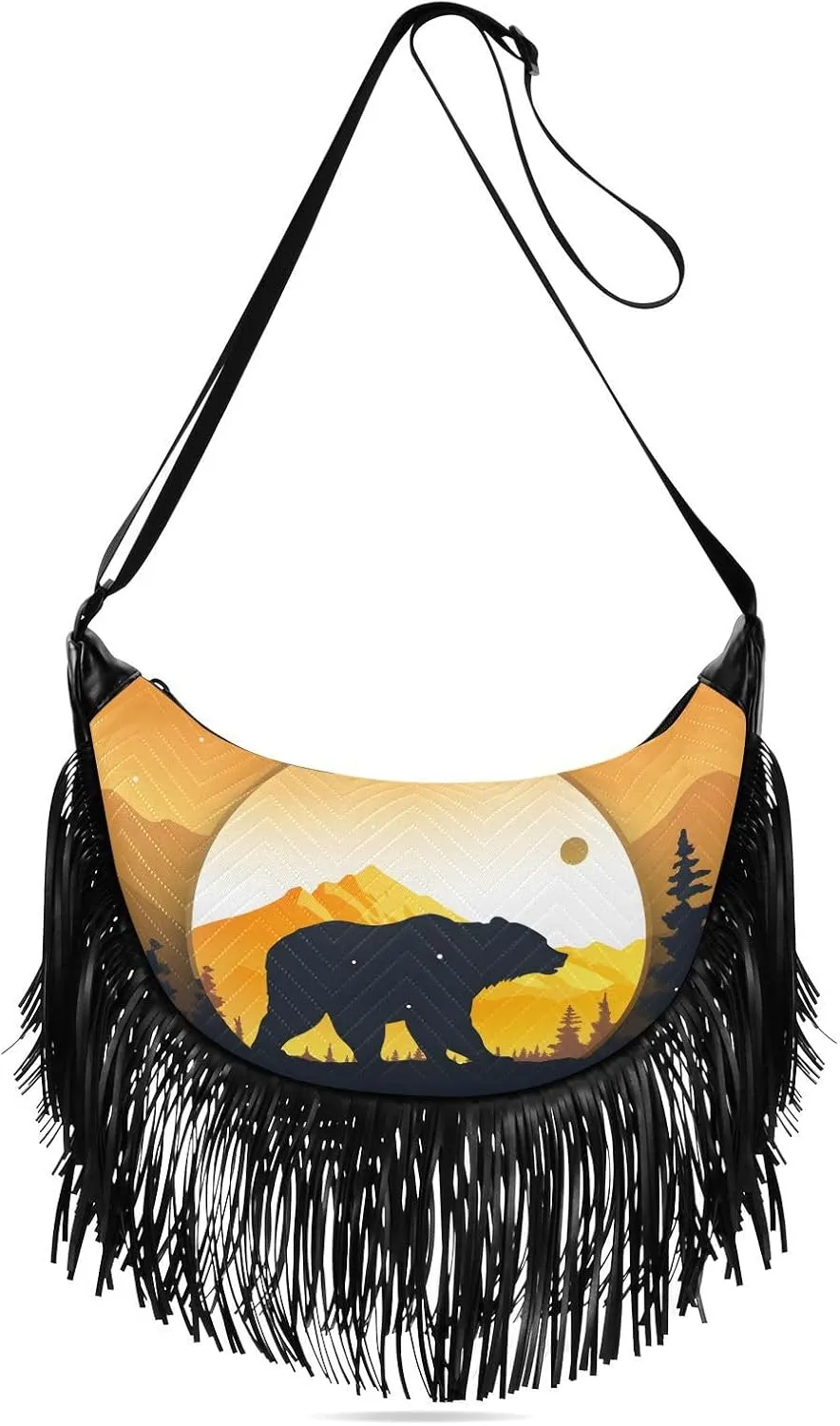 Women's Crossbody Handbags Grizzly Animal with Tree Fringe Tassel Cross Body Bag Shoulder Handbag