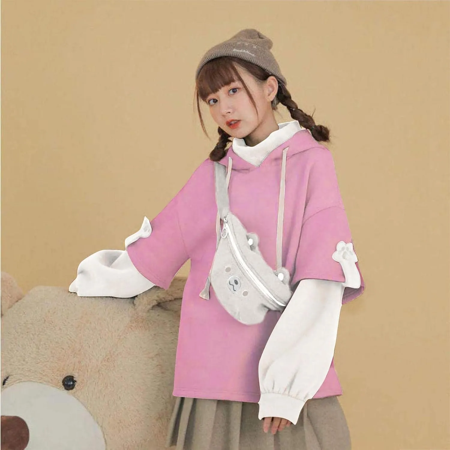 Women's Cute Hoodie for Teen Girl Brown Bear Tops Sweatshirt Splicing Hooded Shirt Personality Bag Hoodies