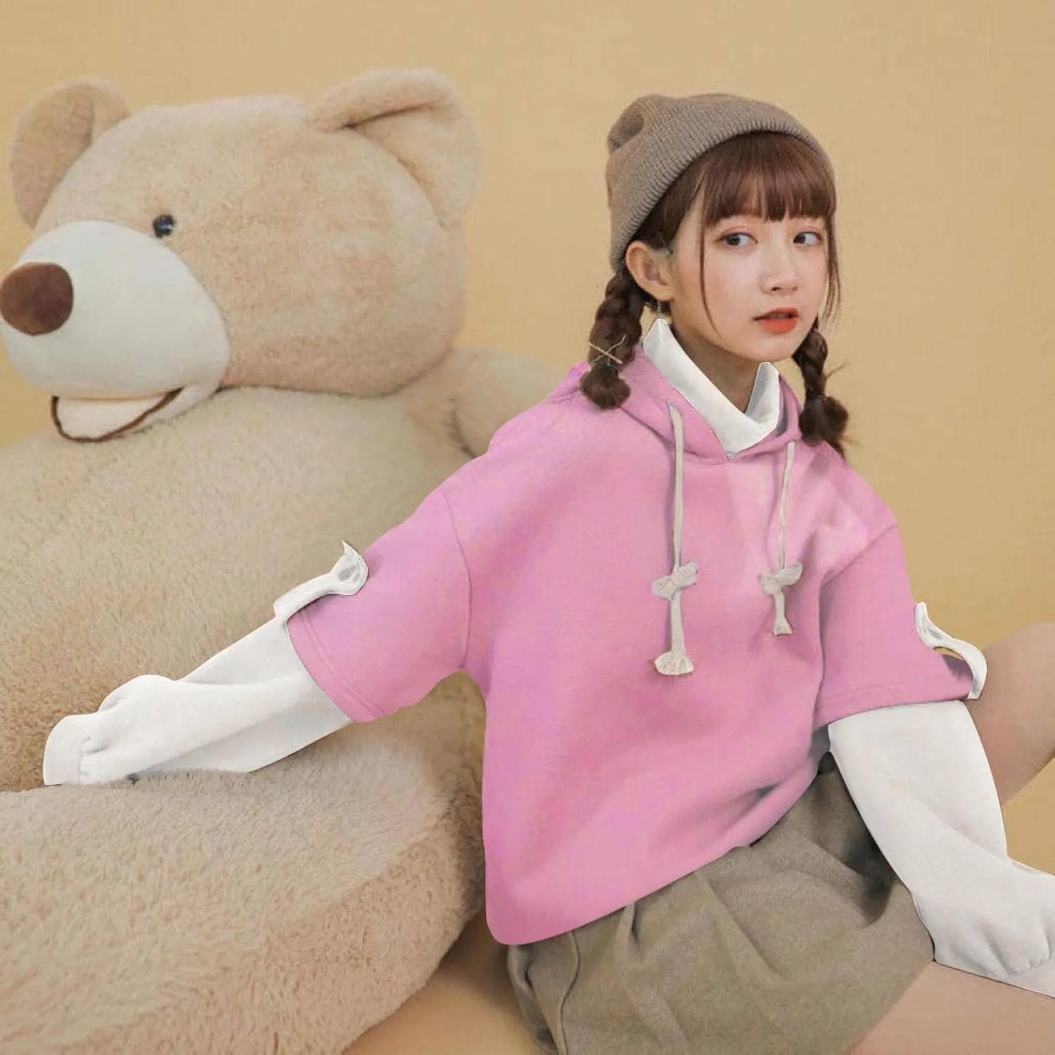 Women's Cute Hoodie for Teen Girl Brown Bear Tops Sweatshirt Splicing Hooded Shirt Personality Bag Hoodies