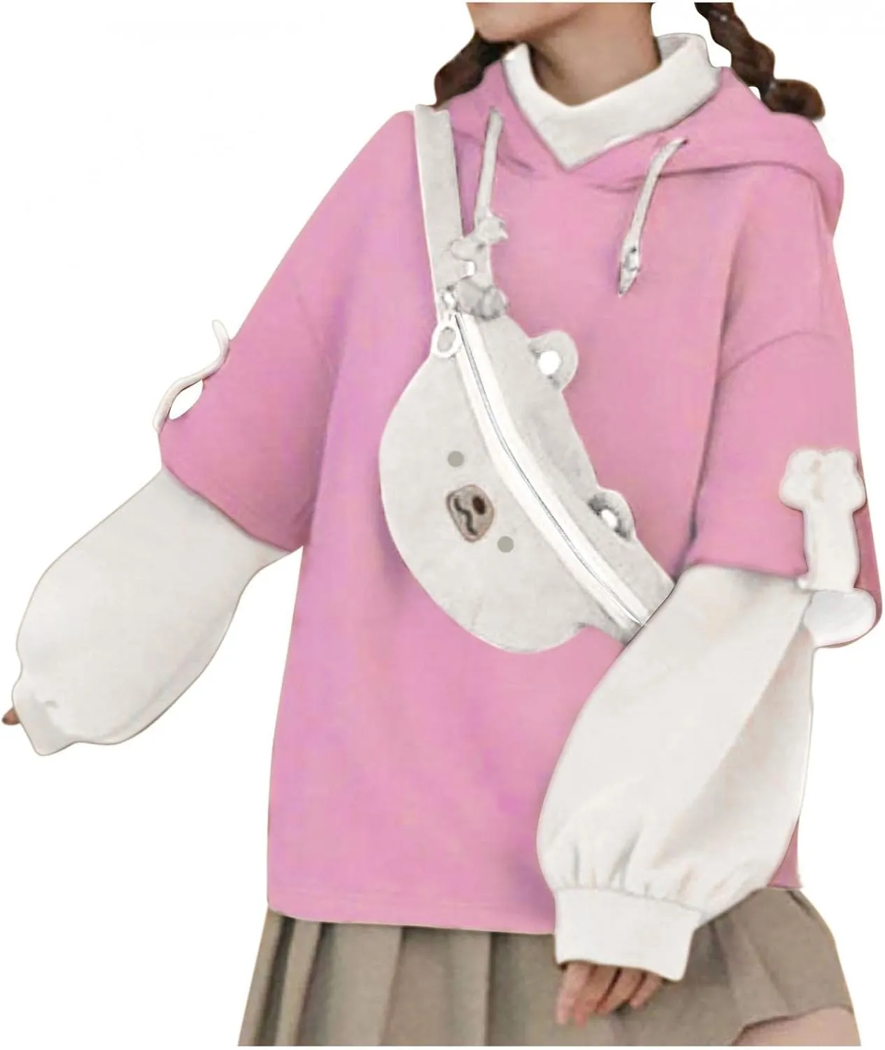 Women's Cute Hoodie for Teen Girl Brown Bear Tops Sweatshirt Splicing Hooded Shirt Personality Bag Hoodies