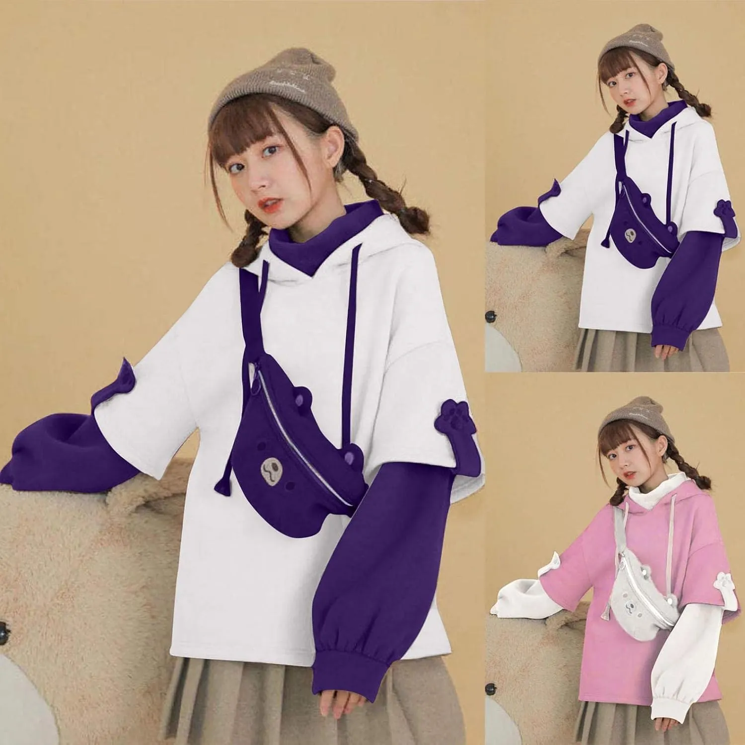 Women's Cute Hoodie for Teen Girl Brown Bear Tops Sweatshirt Splicing Hooded Shirt Personality Bag Hoodies