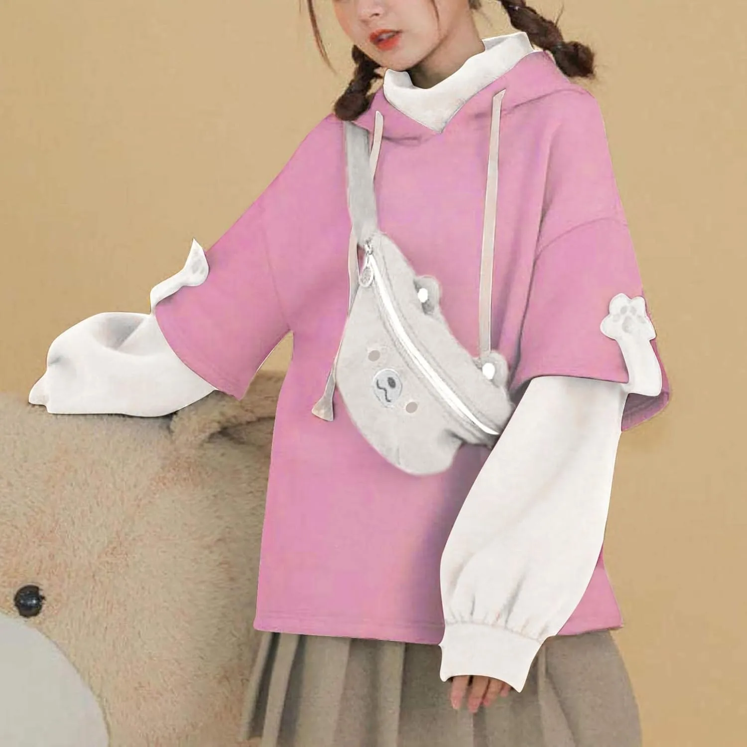 Women's Cute Hoodie for Teen Girl Brown Bear Tops Sweatshirt Splicing Hooded Shirt Personality Bag Hoodies
