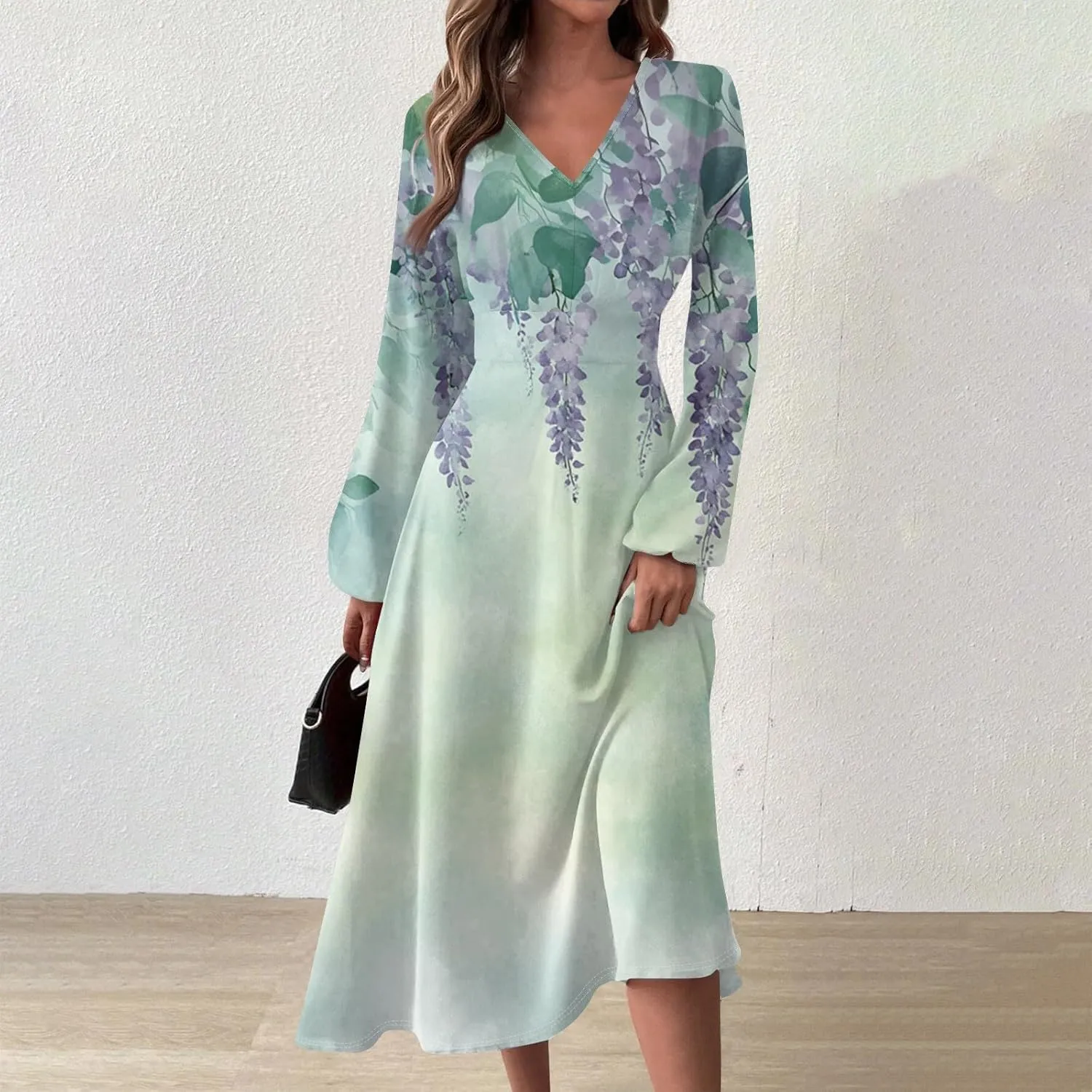 Womens Dresses Spring 2025 Long Sleeve V Neck A-Line Dress Trendy Cruise Wear Classy Outfits Casual Boho Clothes