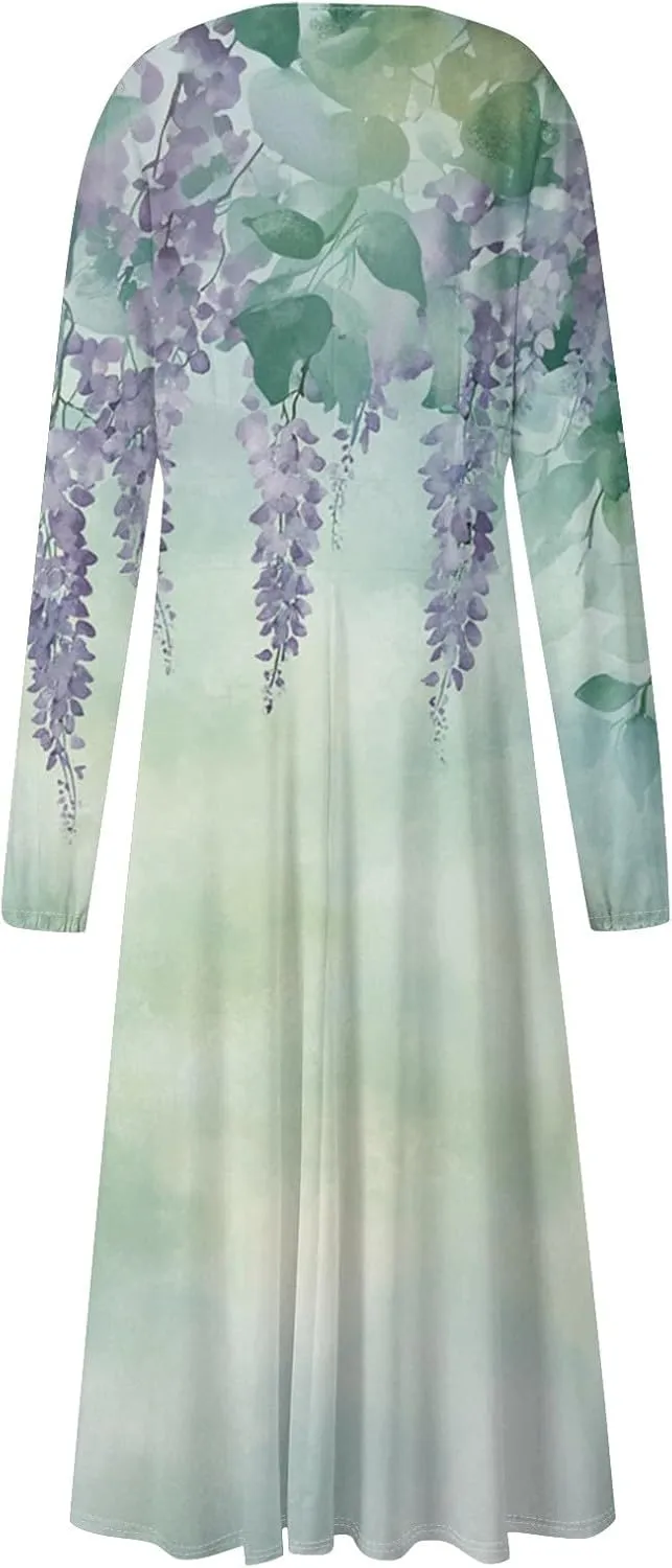Womens Dresses Spring 2025 Long Sleeve V Neck A-Line Dress Trendy Cruise Wear Classy Outfits Casual Boho Clothes