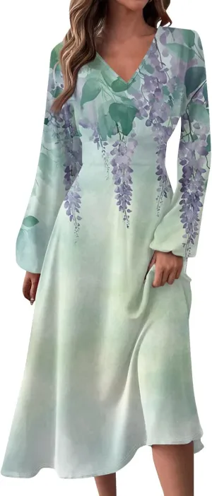Womens Dresses Spring 2025 Long Sleeve V Neck A-Line Dress Trendy Cruise Wear Classy Outfits Casual Boho Clothes
