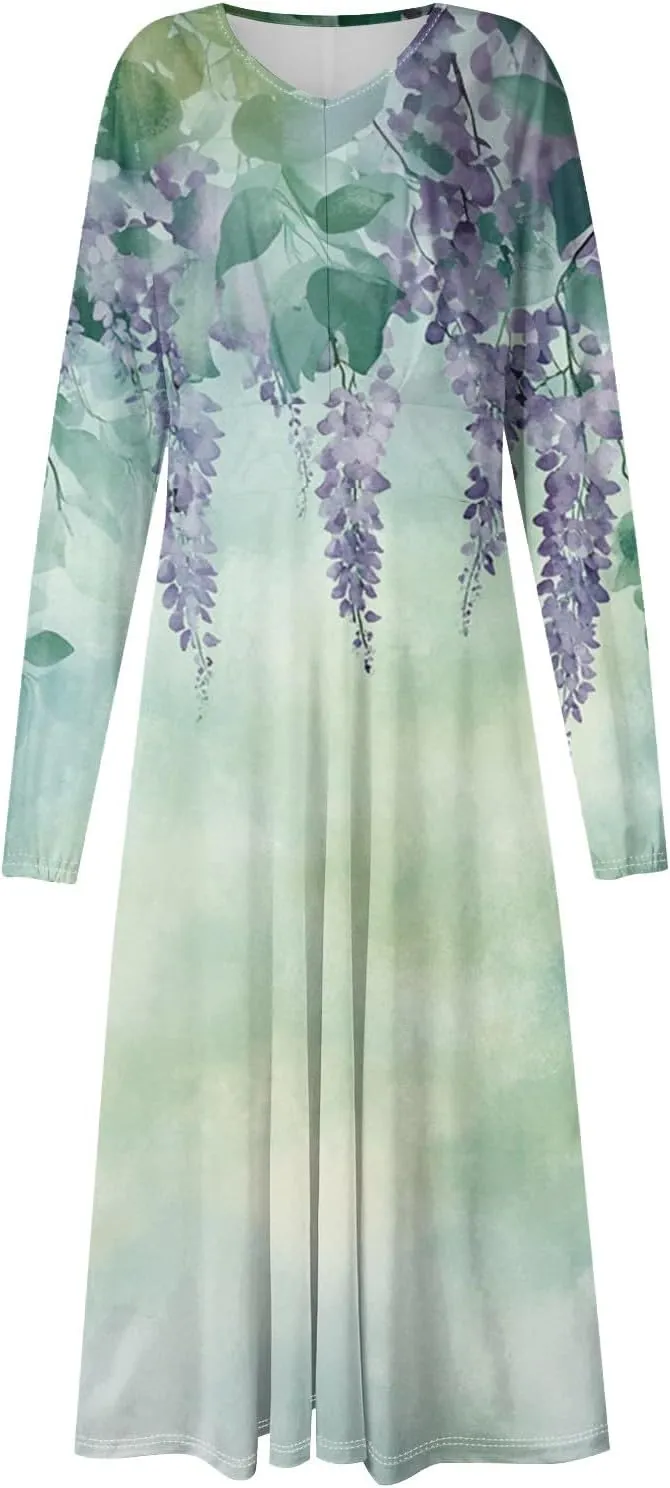 Womens Dresses Spring 2025 Long Sleeve V Neck A-Line Dress Trendy Cruise Wear Classy Outfits Casual Boho Clothes