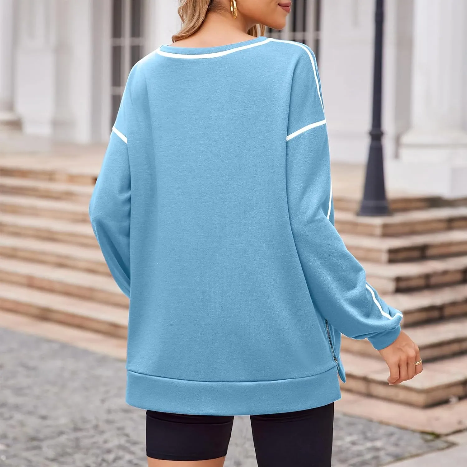 Womens Fashion Hoodless Sweatshirts Crew Neck Long Sleeve Hoodie Fleece Side Zipper Pullover Top 2024 Fall Clothes