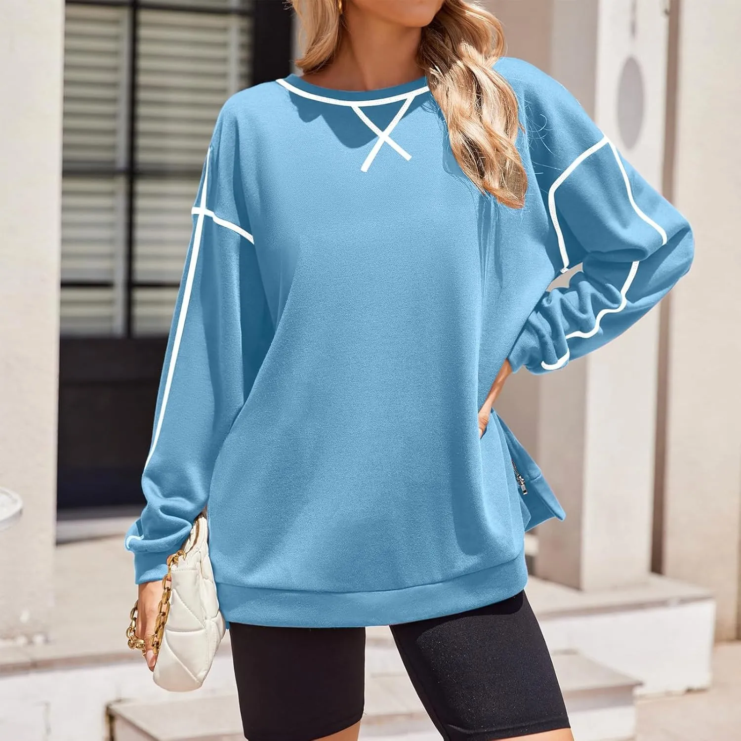 Womens Fashion Hoodless Sweatshirts Crew Neck Long Sleeve Hoodie Fleece Side Zipper Pullover Top 2024 Fall Clothes