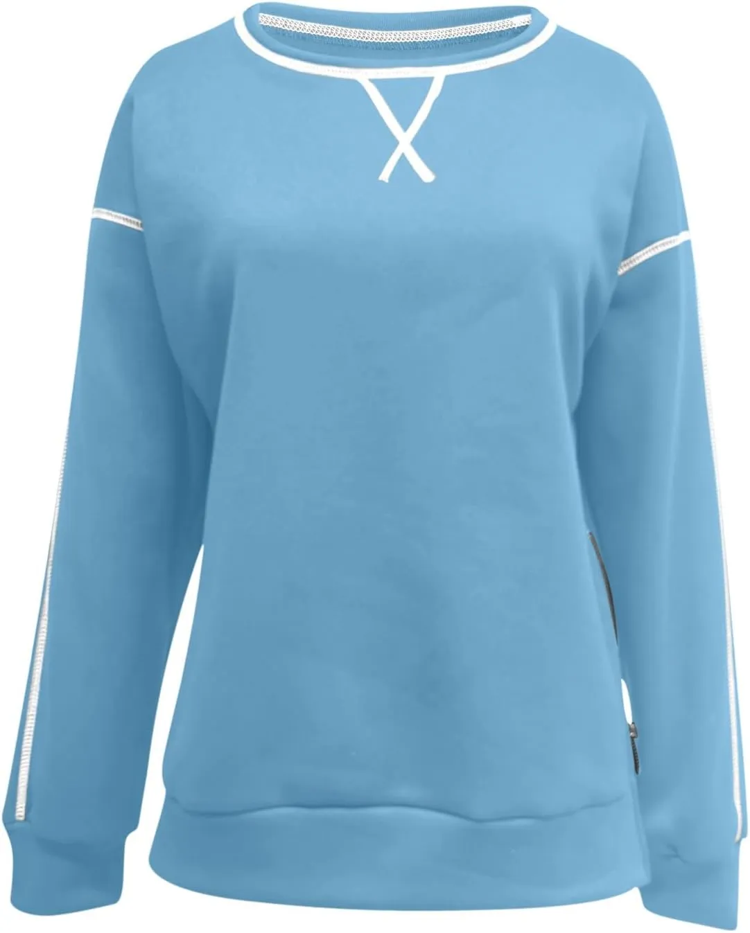 Womens Fashion Hoodless Sweatshirts Crew Neck Long Sleeve Hoodie Fleece Side Zipper Pullover Top 2024 Fall Clothes