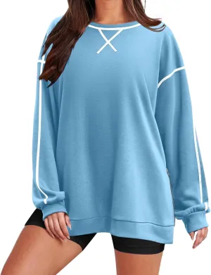Womens Fashion Hoodless Sweatshirts Crew Neck Long Sleeve Hoodie Fleece Side Zipper Pullover Top 2024 Fall Clothes