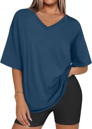 Womens Fashion Workout T Shirts Athletic Oversized Tops Summer Trendy Clothes Short Sleeve V Neck Tunic 2025