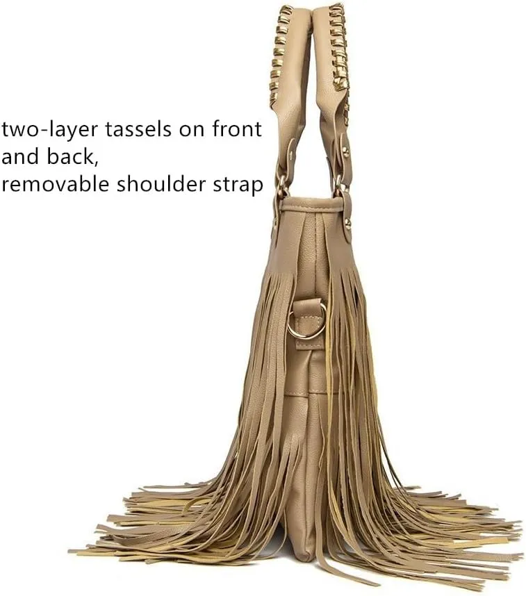Women's Faux Leather Western Fringe Purse Tassel Hobo Tote Bag