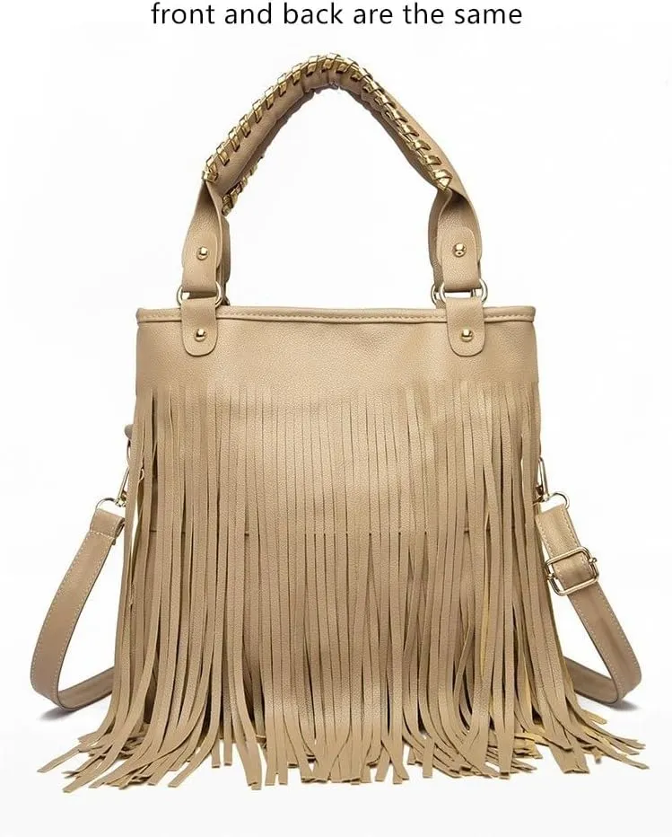 Women's Faux Leather Western Fringe Purse Tassel Hobo Tote Bag