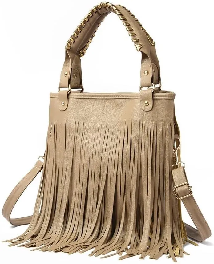 Women's Faux Leather Western Fringe Purse Tassel Hobo Tote Bag