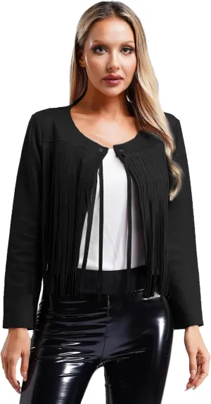 Women's Fringe Jacket Western Cowgirl Faux Suede Leather Jacket Tassel Crop Moto Top Outerwear
