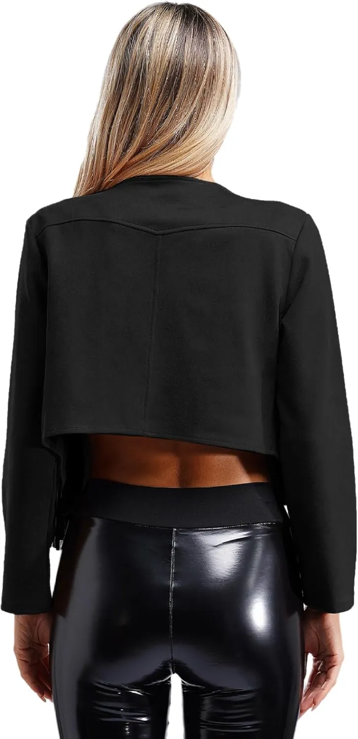 Women's Fringe Jacket Western Cowgirl Faux Suede Leather Jacket Tassel Crop Moto Top Outerwear