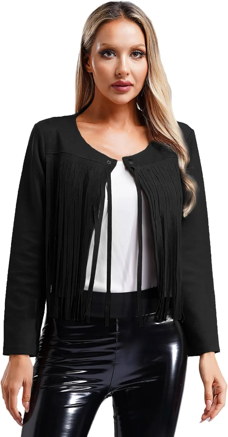 Women's Fringe Jacket Western Cowgirl Faux Suede Leather Jacket Tassel Crop Moto Top Outerwear