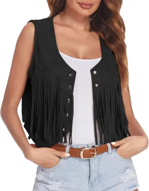 Womens Fringe Vest Crop Top 70s Hippie Sleeveless Cowgirl Western Faux Suede Tassel Leather Jacket Outerwear