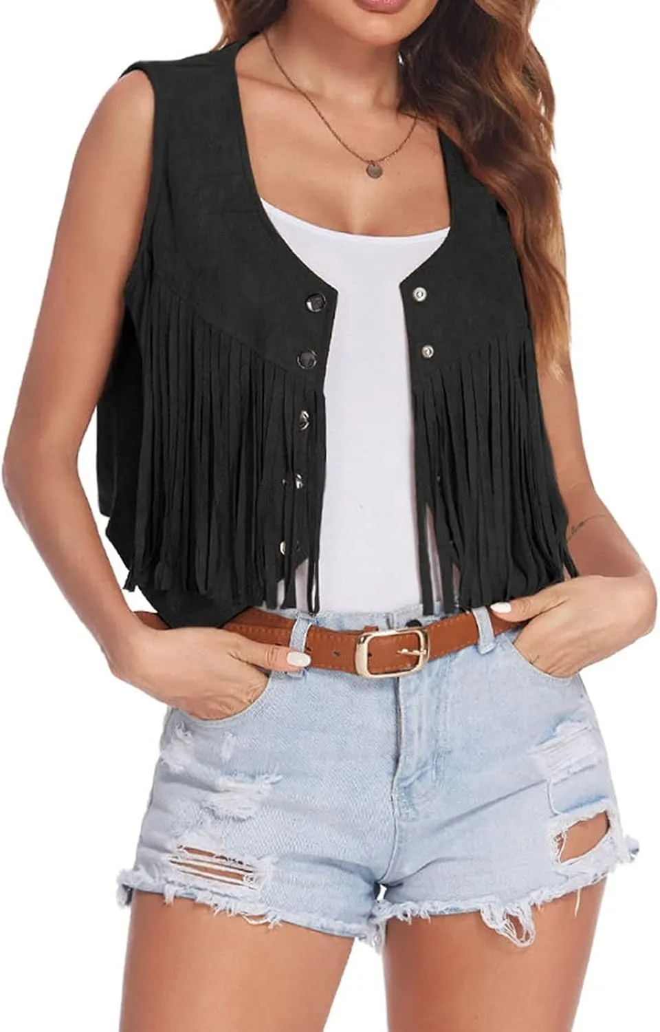 Womens Fringe Vest Crop Top 70s Hippie Sleeveless Cowgirl Western Faux Suede Tassel Leather Jacket Outerwear