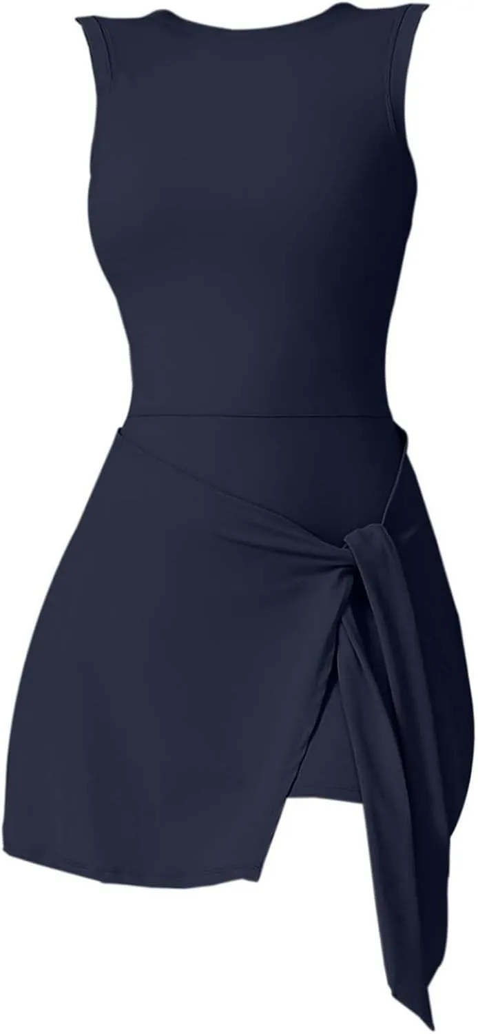 Women’s High Neck Tennis Dress with Built-in Shorts Sleeveless Wrap Skirt Romper Workout Athletic Dress Yoga Golf Casual