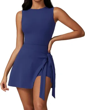Women’s High Neck Tennis Dress with Built-in Shorts Sleeveless Wrap Skirt Romper Workout Athletic Dress Yoga Golf Casual